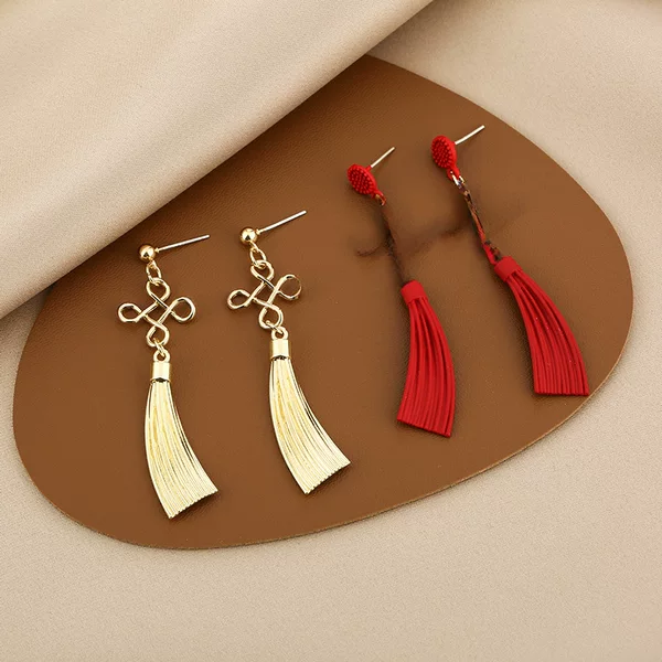 Silver Needle Red Chinese Knot Earrings, Festive and Fashionable Long Earrings for the New Year, Trendy and Stylish Versatile Earrings