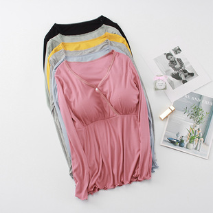 Maternal Breastfeeding Clothes with Chest Pad Maternal Postpartum Intersection Breastfeeding Clothes Home Long Sleeve Base Clothes Autumn and Winter Pajamas