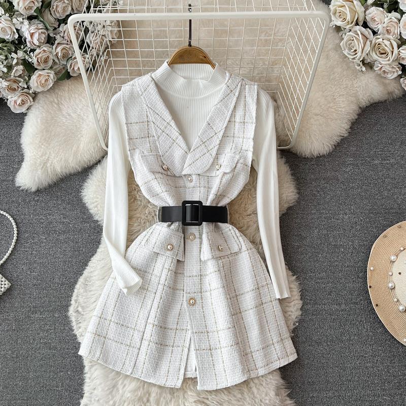 Chanel-Inspired Elegant Ladylike Style, Waist-Cinching Slimming Tweed Vest Dress Two-Piece Set with Knit Top