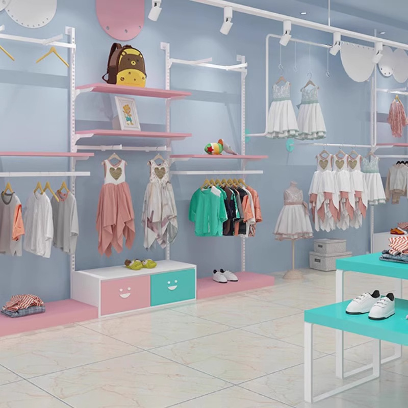 Tienda de ropa estante de exhibición de ropa de niños pared estante de ropa de niños percha de ropa de doble capa madre y bebé estante de plataforma de isla