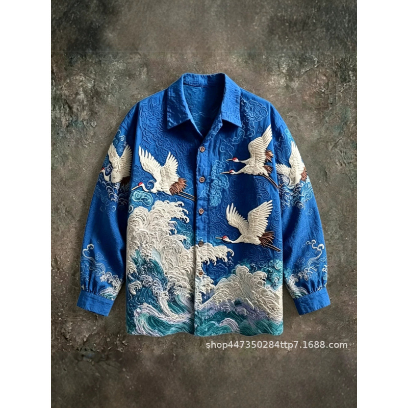 New cross-border TK3D printed men's shirt, long-sleeved, with a mandarin collar, featuring crane motifs, and designed as a men's cape New cross-border TK3D printed men's shirt, long-sleeved, with a mandarin collar, featuring crane motifs, and designed as a men's cape