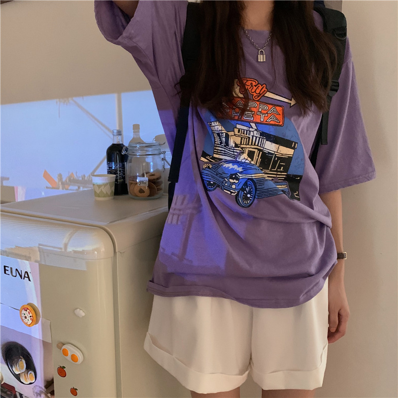 Dam t-shirt med cartoon tryck lös passform sommar topp_voghion.com