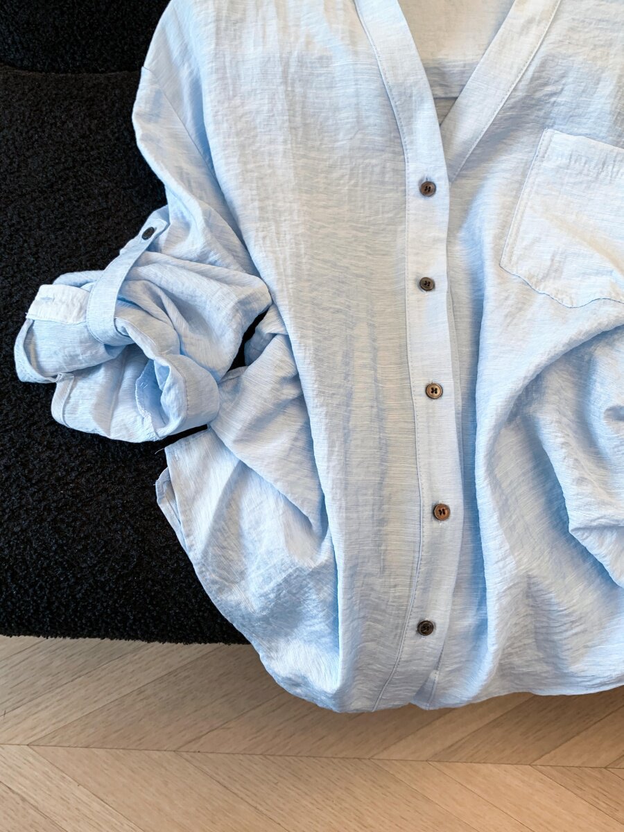 Áo sơ mi chống nắng nữ dài tay dáng rộng chất liệu linen thoáng mát — xanh lam chi tiết 15