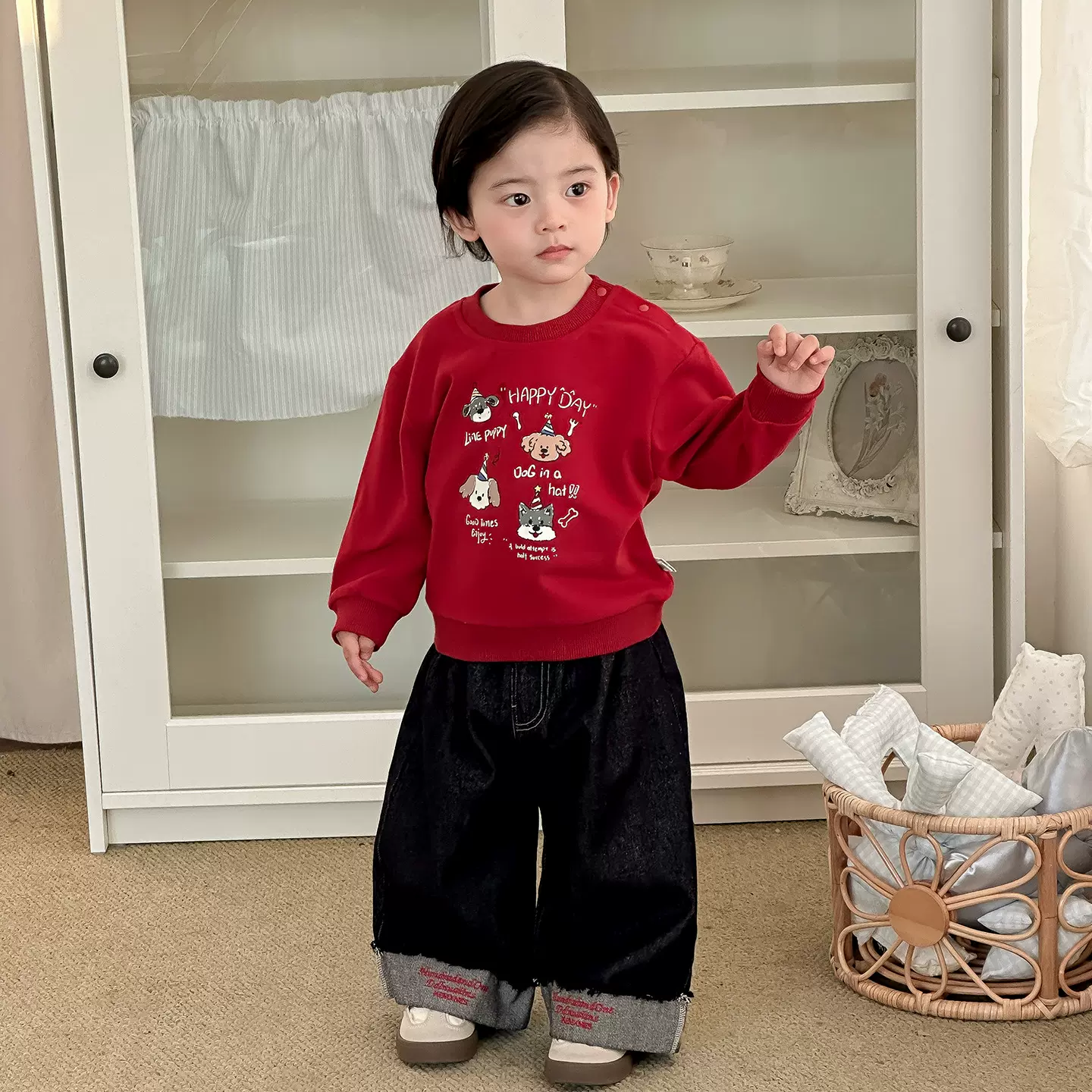 点兮春季新款婴幼儿卡通卫衣套装男宝宝印花上衣卷边牛仔裤两件套