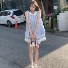 小飞袖娃娃领蓝色格子连衣裙子女夏季2025新款小个子气质绝美短裙