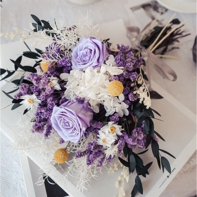 永生玫瑰尤加利干花花束摆件真花满天星绣球水晶草家居装饰外贸|undefined