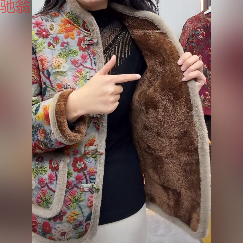 W9Q冬季新款妈妈加绒加厚棉衣棉服中老年保暖碎花中式盘扣外套棉
