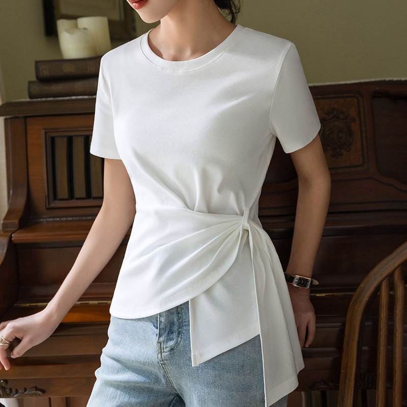 Short-Sleeved T-Shirt for Women Summer 2025 New Style Women's Pure Color Round Neck Elastic Cotton T-Shirt with Asymmetrical Straps and Waist-Cinching Top