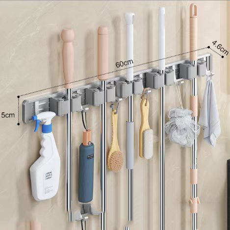 Estante de la fregona de almacenamiento de baño de cocina montado en la pared clip de la fregona espacio libre de aluminio fregona escoba rack de almacenamiento