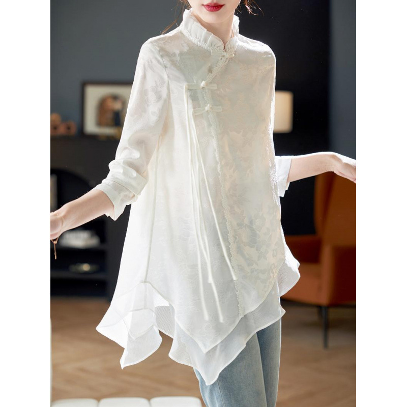 Guofeng 새로운 중국 스타일 자카드 버튼 셔츠 2024 봄과 여름 새로운 중국 스타일 디자인 감각 불규칙한 긴 소매 쉬폰 셔츠