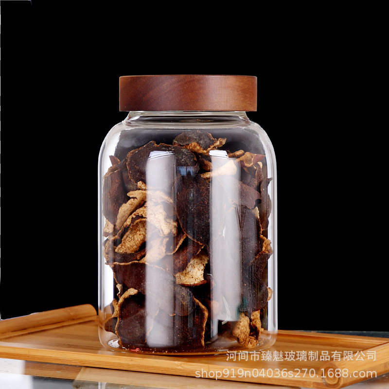 外贸展示螺纹口玻璃密封罐大容量玻璃储物罐相思木盖陈皮储存罐|undefined