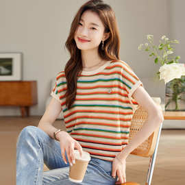 蝙蝠袖彩虹条纹圆领短袖t恤女正肩夏季2024新款薄款冰丝针织上衣