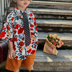 Chic Vintage Short-Sleeve Parent-Child Set Summer Tulip Print Loose Design Sensory Minority Medium and Large Children's Top