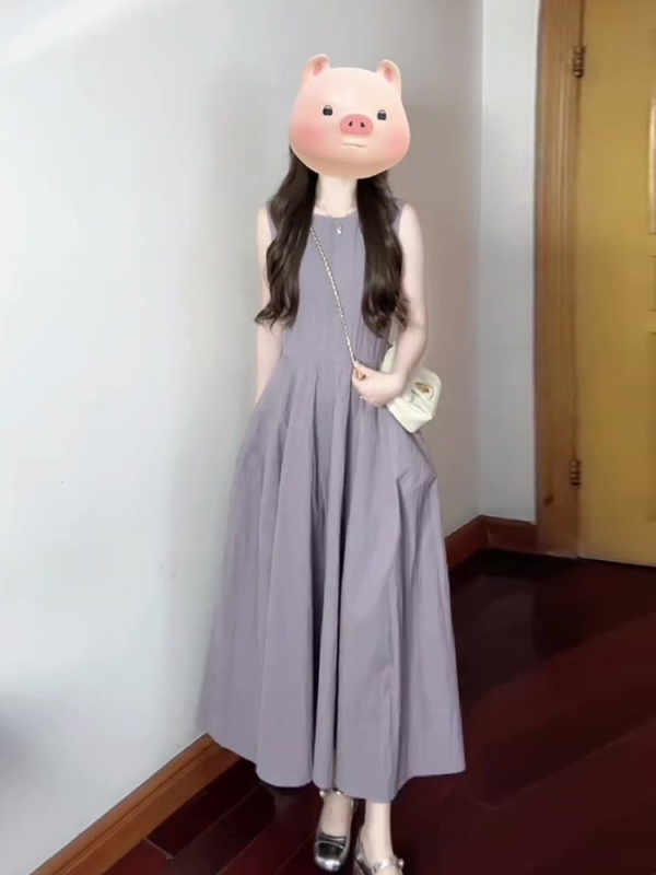 灰紫色无袖背心连衣裙女夏季2025新款海边度假法式气质超好看长裙|undefined