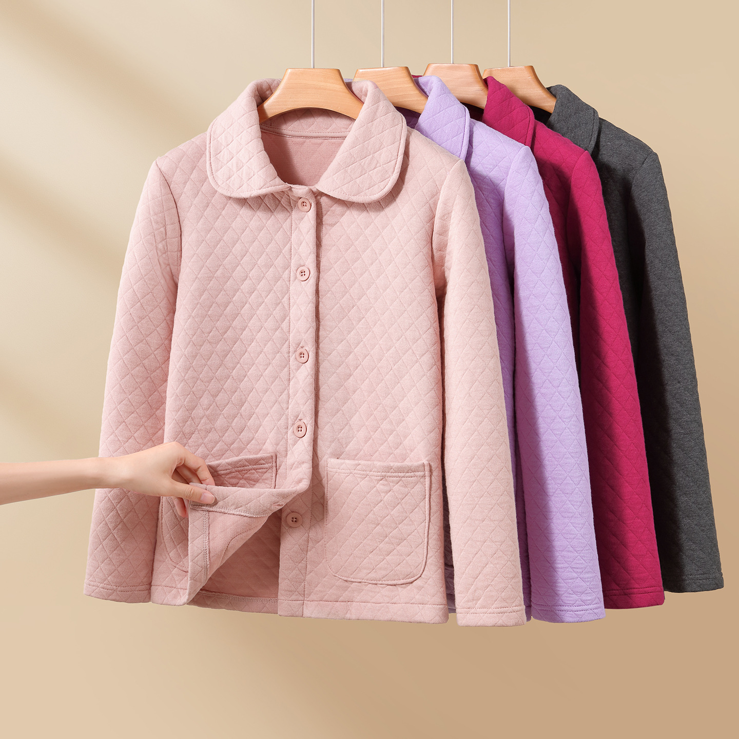 冬季空气层睡衣女上衣单件夹棉加厚长袖翻领开衫宽松家居服可外穿