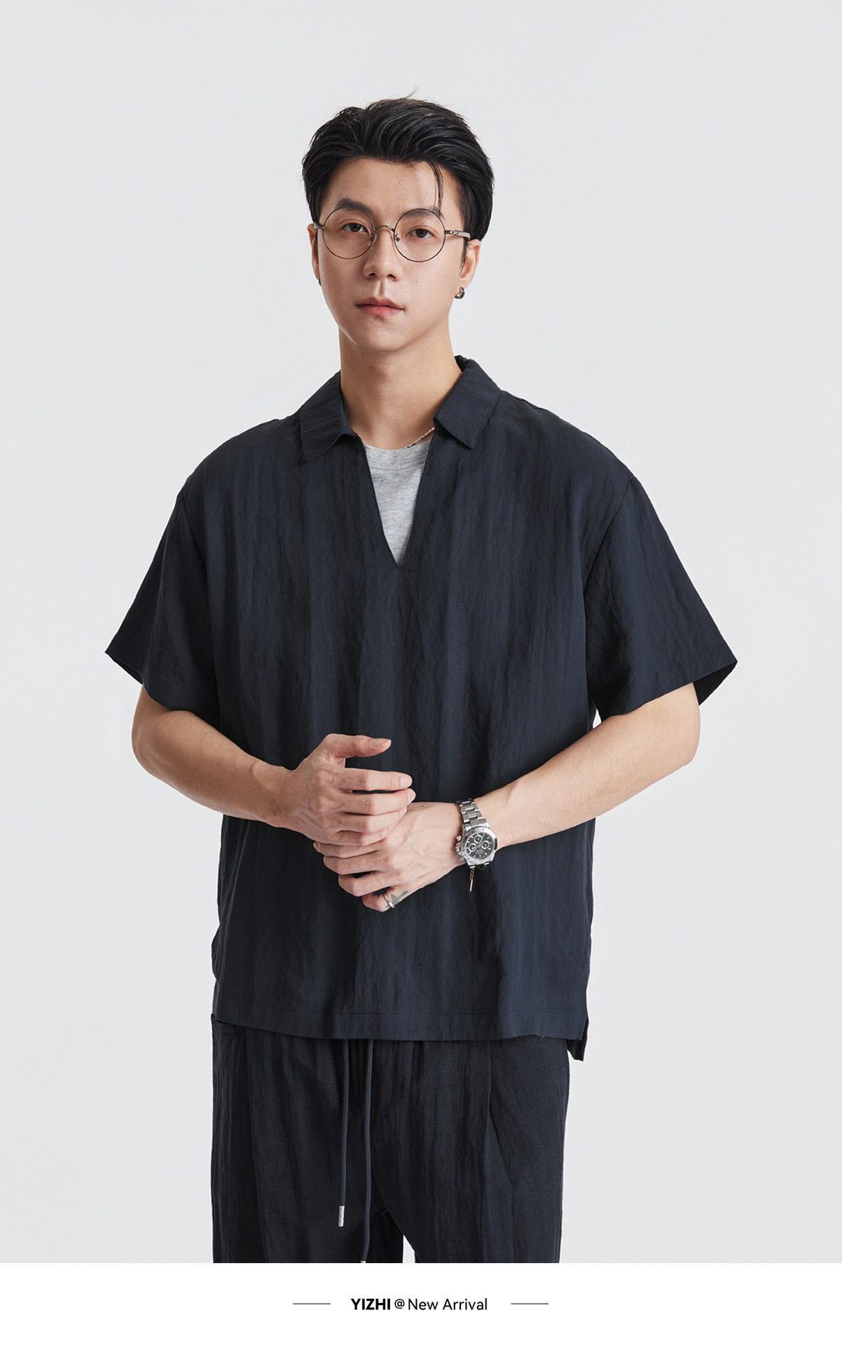 Áo sơ mi nam ngắn tay chất liệu Lyocell phối hai lớp cổ điển, phong cách old money — Xanh navy chi tiết 15