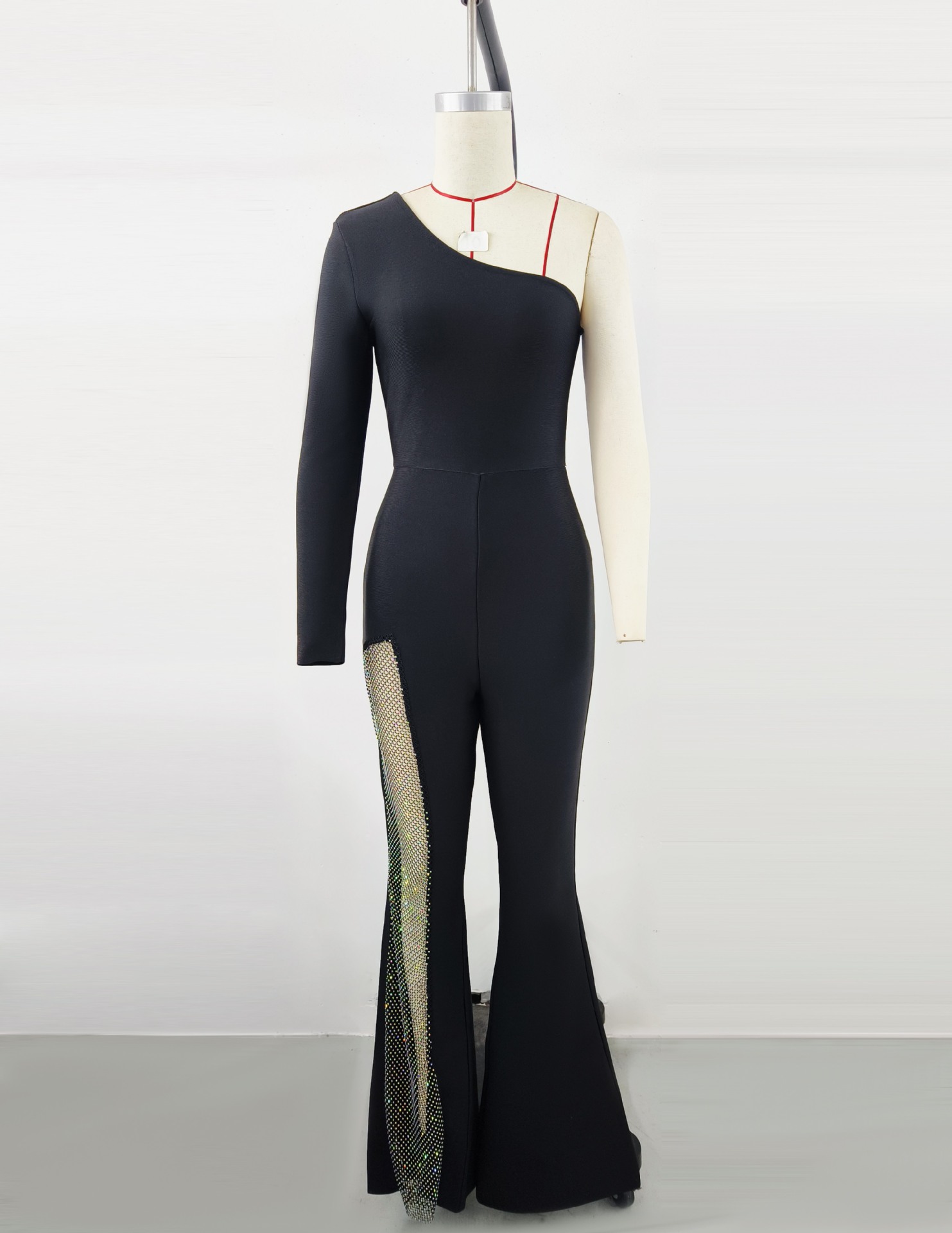 Transfronterizo de estilo europeo y americano de mujer manga larga un hombro malla de diamante colorido bonito bonito vestido de vendaje de piernas anchas