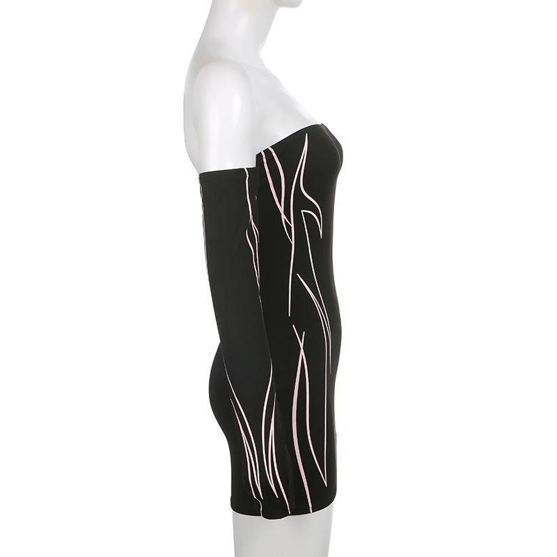 Women Clothing Striped Printed Skinny Off Shoulder Tube Top Dress Sheath