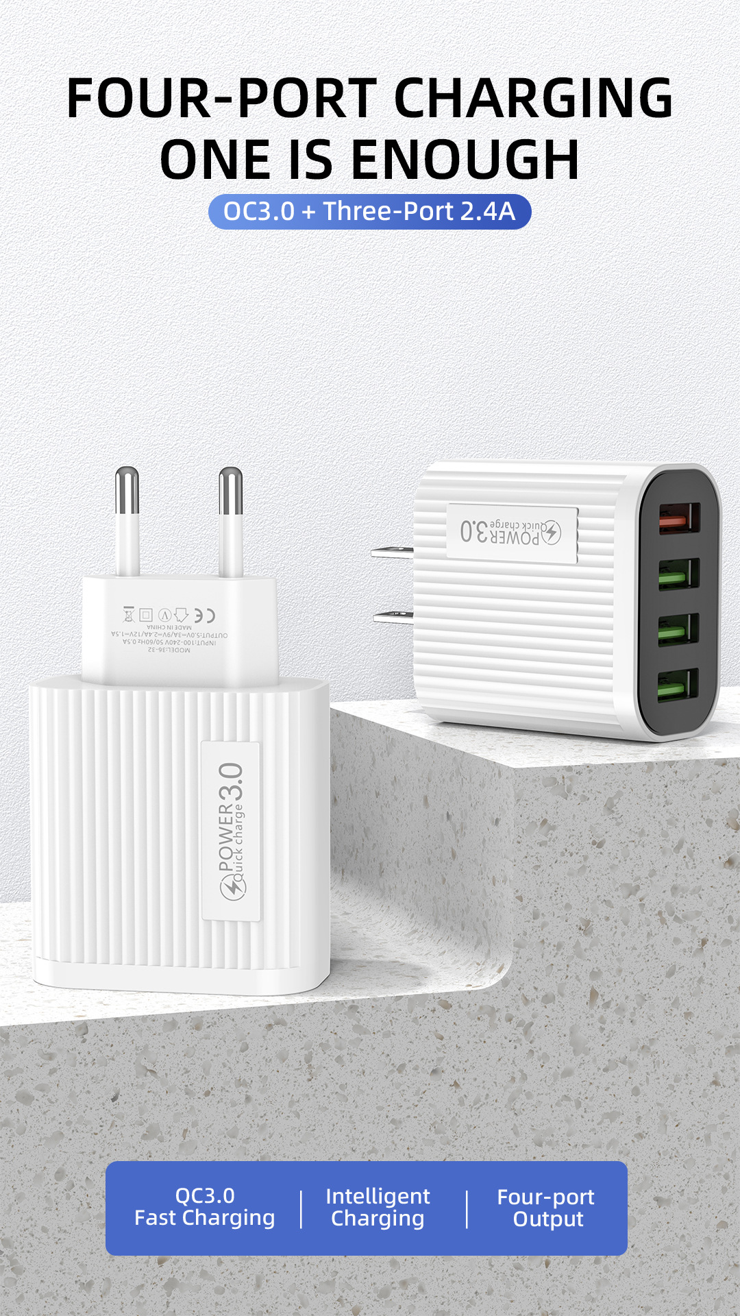 4USB multi port 18W mobile fast charging head QC3.0+3U2A travel charger_voghion.com