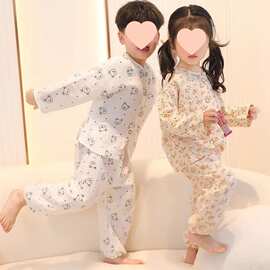 儿童睡衣家居服宝宝卡通纯棉纱布男女童棉纱九分袖居家服女童套装