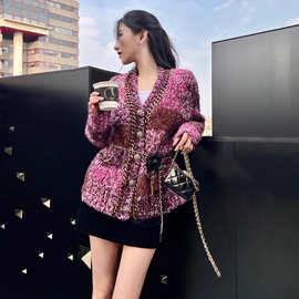 2025秋冬新款撞色宽松慵懒风V领针织开衫小众时尚百搭毛衣外套