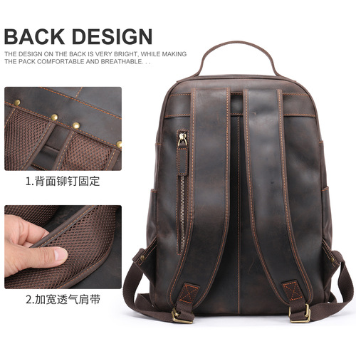 First-layer cowhide business commuter computer backpack large-capacity European and American retro backpack cross-border crazy horse leather backpack