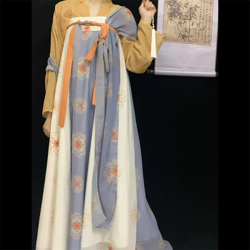 Кимо Hanfu платье (хань и Тан) стиль Тан, сукня с ruched на груди, длинна груди для весны/лета, принт
