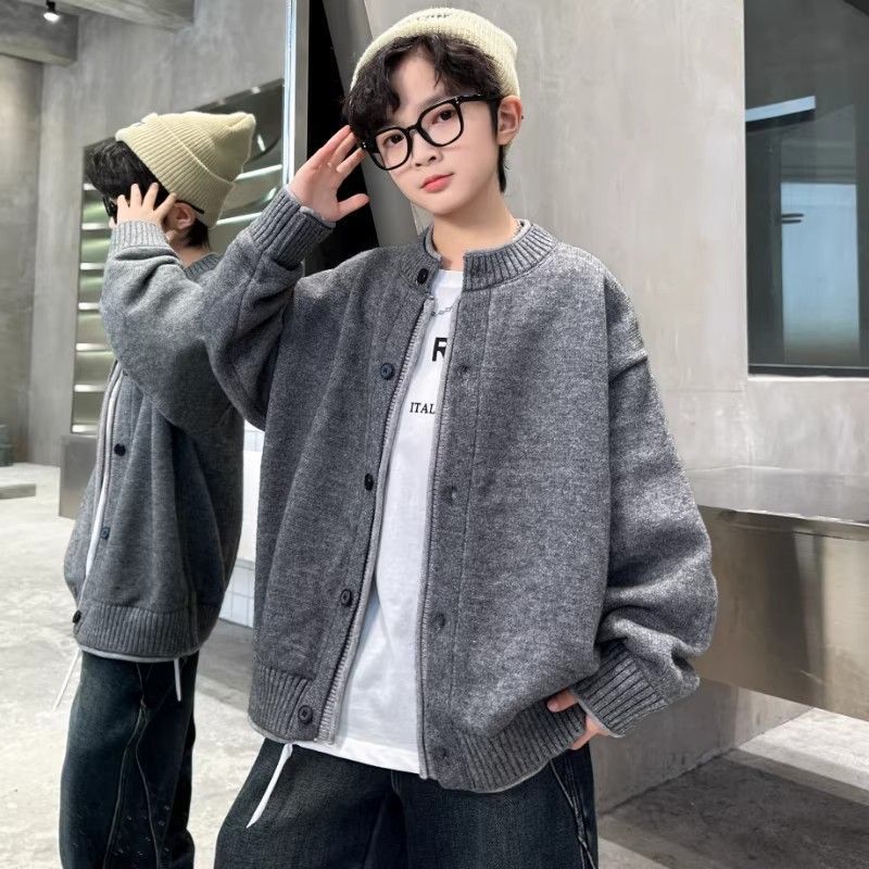 假两件毛衣开衫男童早春款时尚针织开衫儿童痞帅毛衣外套上衣灰色