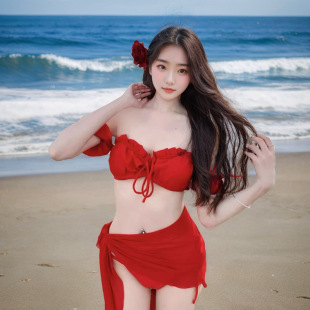 2025 New Internet Celebrous Same Style Sexy European and American Style Retro Red Bikini Split Swimsuit Women's Pure Desire Swimsuit