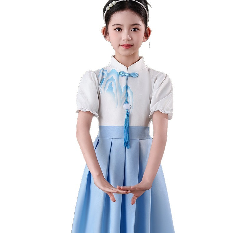 儿童小学生幼儿中国风蓝色女童合唱爱国演讲朗诵比赛礼服演出服装|undefined