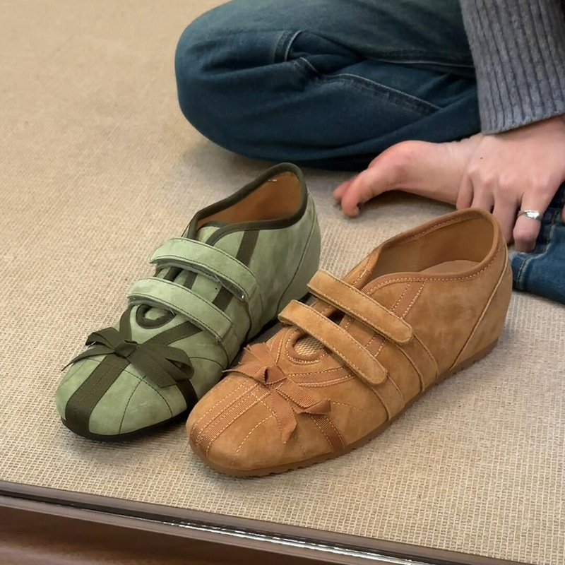 Sheepskin ~ French Bow Casual Shoes Women's Square Toe Velcro Leather Frosted Flat Shoes Ballet Style Single Shoes