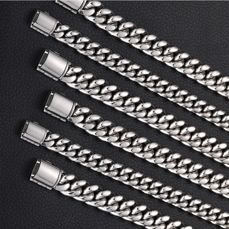 chain necklace, men's titanium steel high-end jewelry, women's flip button lock bone Cuban chain, coarse style_voghion.com