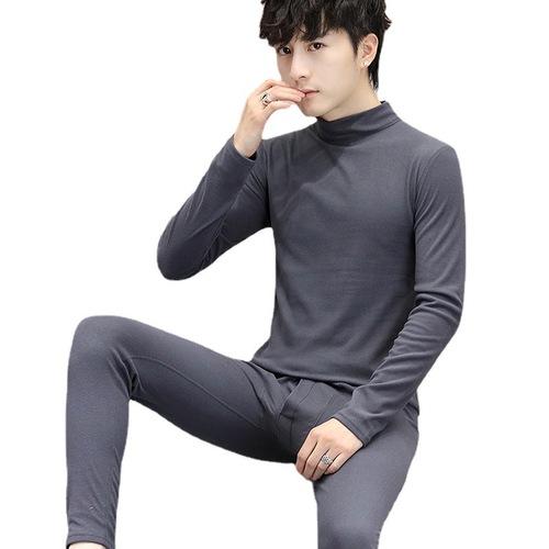 Men's Teen Middle-Aged Senior Half High Collar Double-Faced Fleece Warm Innerwear Base Set Top and Bottom Socks Autumn and Winter Set