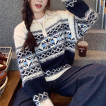 复古提花费尔岛高领毛衣女秋冬宽松慵懒高级感半拉链软糯针织上衣