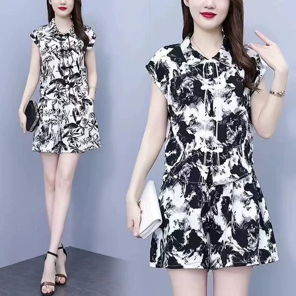 New women’s casual and fashionable ice silk shorts set, including a summer cheongsam top and shorts – a complete summer outfit