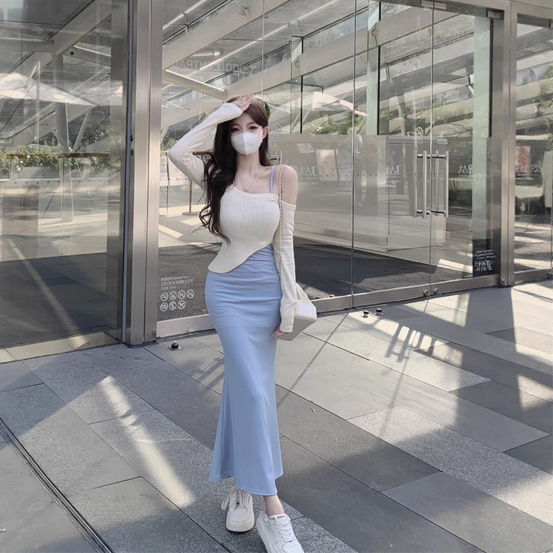 Royal Sister Style Sexy Suspender Dress Women's Autumn Slim Fit Mom Skirt Hip-Covering Long Skirt Two-Piece Set