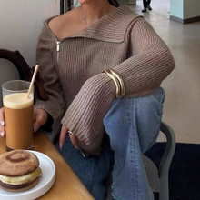 2025欧美跨境女装秋冬新款毛衣慵懒风侧拉链翻领针织衫女上衣毛衣