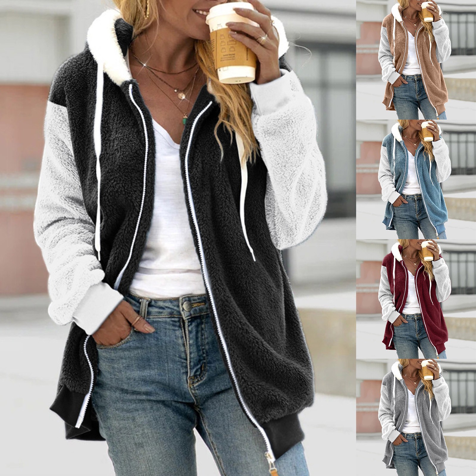 Wish Independent Website 2023 Amazon Hot Selling New Autumn/Winter Loose Plush Multi-Color Patchwork Hooded Coat for Women