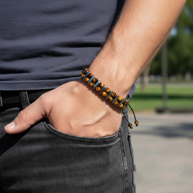 Tiger Eye And Black Agate Beaded Bracelet For Men, Natural Stone_voghion.com
