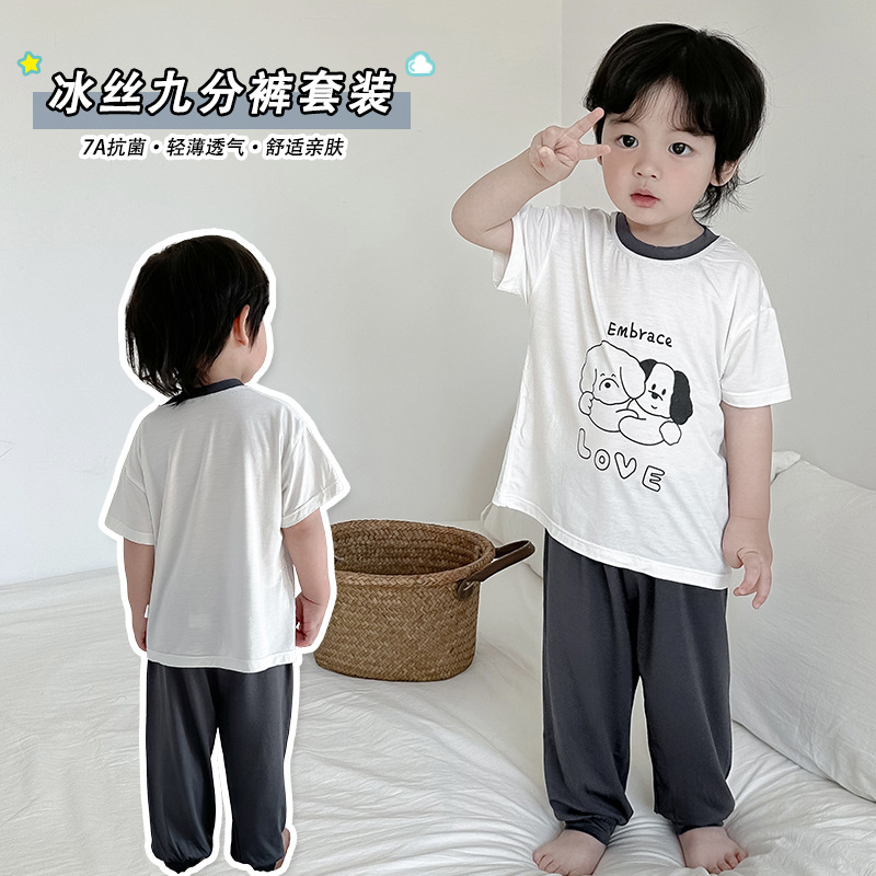 Summer boys and girls cropped pants thin homewear baby air conditioning clothes modal antibacterial pajamas baby two-piece suit