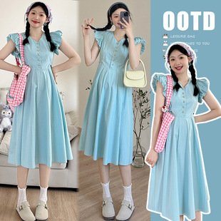 2025 in stock 2024 new bright eye lake blue breasted design bubble sleeve dress