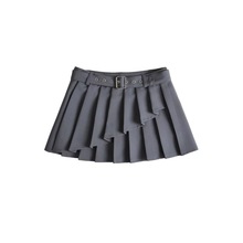 新款设计感腰带不规则百褶裙女学院风辣妹防走光A字迷你显廋短裙