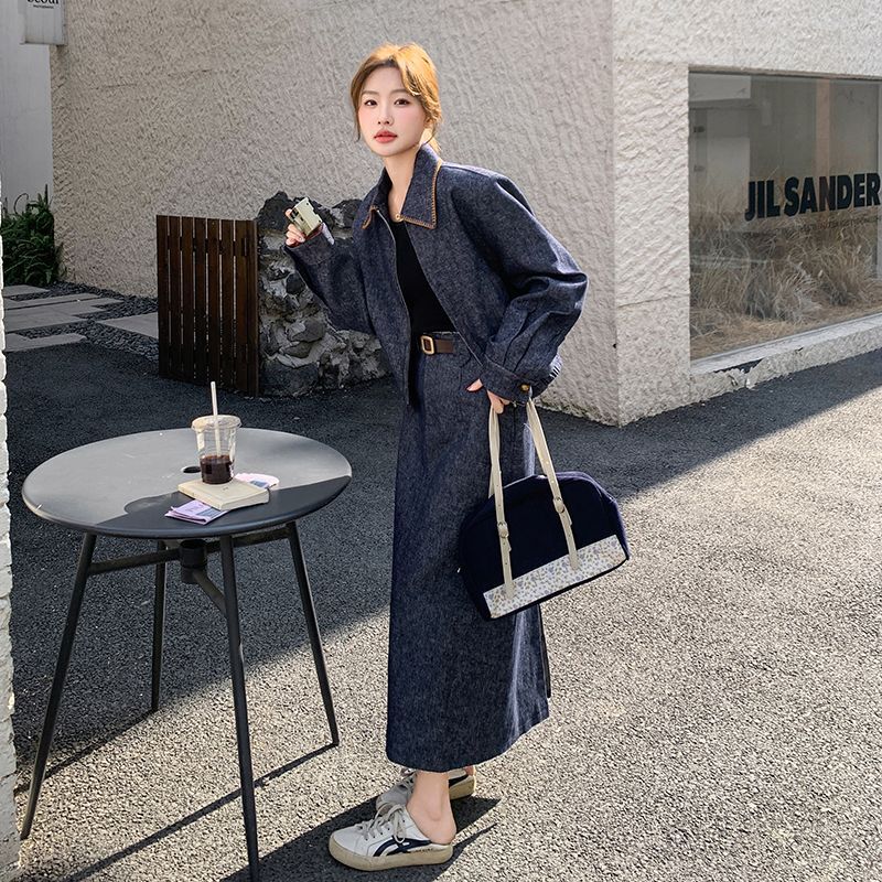 又A又飒牛仔套装女春秋新款韩系廓形高级感休闲时尚半身裙两件套|undefined