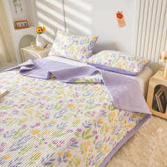 French Country Floral Double-layered Gauze Bedspread Three-piece Set, Washable Cotton-Linen Skin-friendly Soybean Fiber Single Bedspread Thin Quilt