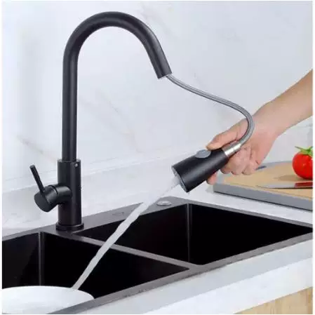 Foreign Trade Style Stainless Steel Kitchen Pull-Out Faucet with Spray Head, Rotating Pull-Out Type, with Water Pipe, 304 Stainless Steel