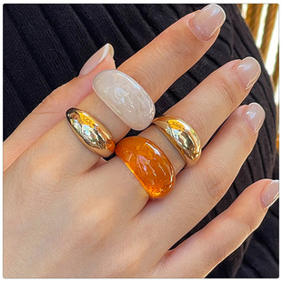 European and American cross-border fashion ins geometric metal glossy ring set amber resin open ring Rings