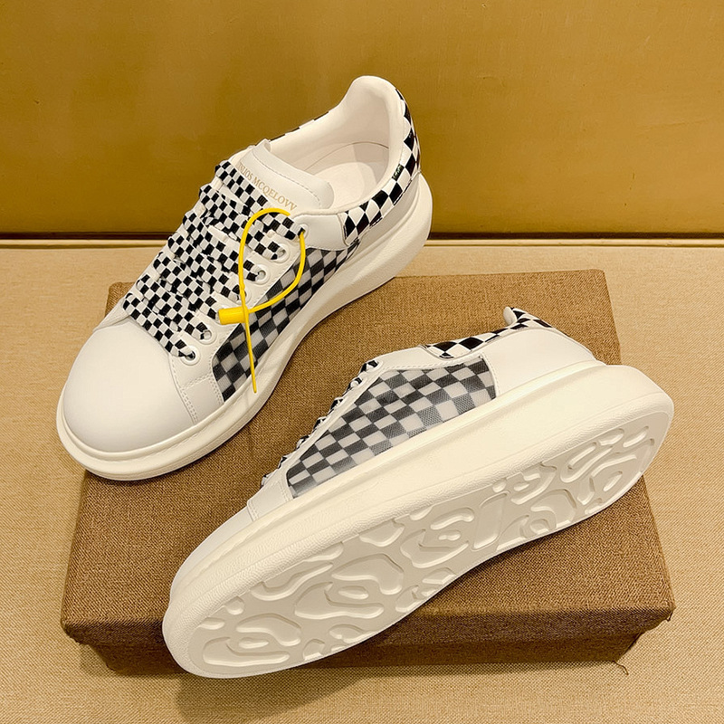 Checkerboard White Leather Casual Sneakers For Men Thick Sole_voghion.com