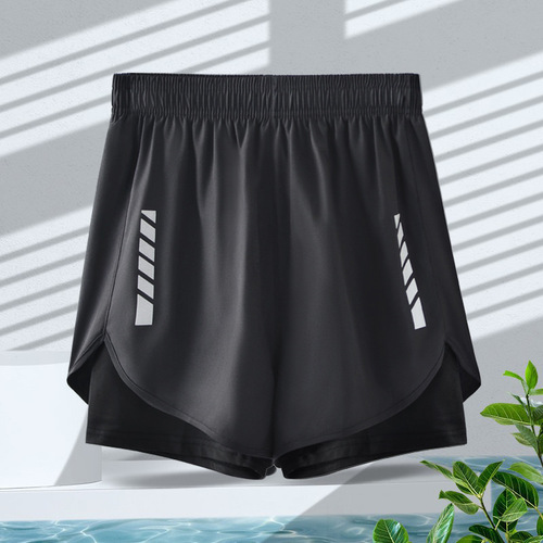 American basketball shorts men's fake two-piece training sports running ice silk quick-drying knee-length fitness shorts summer