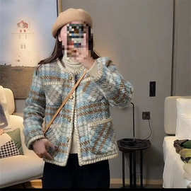 大码女装秋冬新款法式复古小香风加绒加厚外套气质格纹显瘦外套