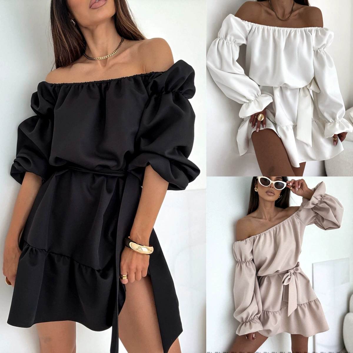 2025 Amazon Европейская и американская трансграничная новая осенняя мода повседневное однотонное платье с одним плечом и поясом женская одежда